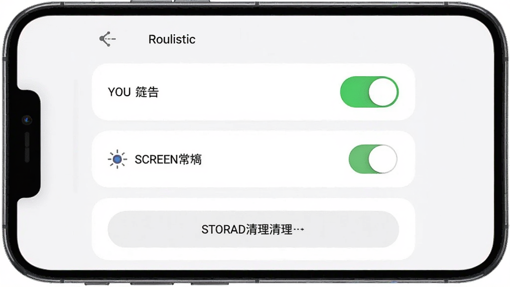 手机屏幕显示Roulistic应用设置页面,包含音量开关、屏幕常亮选项和存储清理按钮,界面为浅色卡片式布局;布局为竖屏列表结构,手机置于画面中央;风格为简洁的UI界面展示图;细节上开关按钮有绿色高亮状态,卡片圆角柔和;画质高清,画面干净,无多余元素,页面顶部显示