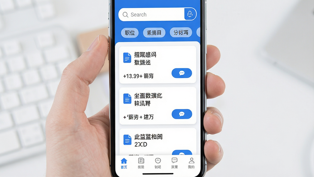 手机屏幕中央展示一款招聘类应用界面,上方为搜索框与职位分类标签,中部为职位卡片列表,包含公司名称与薪资信息,底部为导航栏,整体布局简洁清晰,采用蓝白配色,风格现代商务,细节包含职位图标与沟通按钮,画质清晰,干净,无多余元素