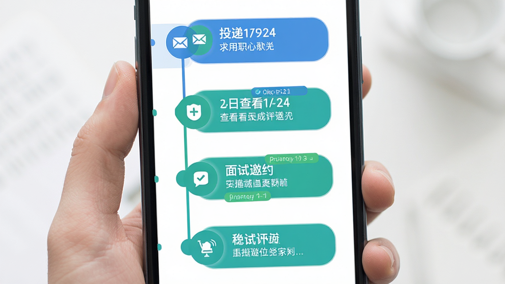 手机界面展示求职进度时间轴页面,自上而下排列多个节点,包含投递、查看、面试邀约等状态图标,每个节点配有日期与职位名称,整体风格扁平化,采用蓝绿配色,细节包含进度连线与状态标签,画质清晰,干净,无多余元素