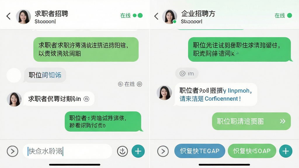 手机聊天界面展示招聘沟通场景,左侧为求职者消息气泡,右侧为企业招聘方回复气泡,顶部显示公司名称与在线状态,底部为输入框与快捷回复按钮,整体风格清爽简洁,细节包含已读标记与职位卡片链接,画质清晰,干净,无多余元素