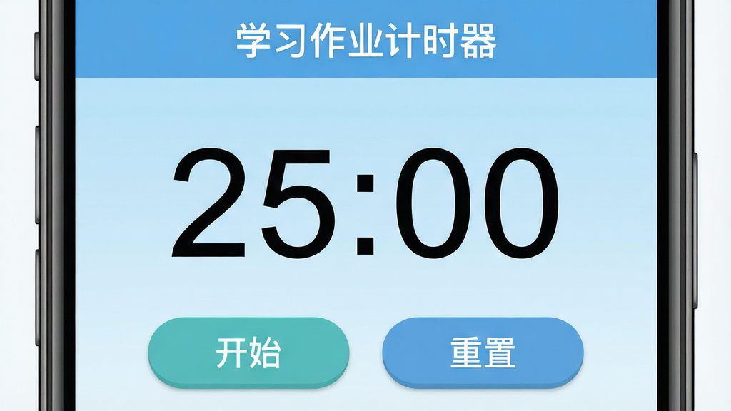 �ֻ�Ӧ�ý�����д����Ļ������ʾ������ֵ���ʱ��25:00�����·��п�ʼ�����ð�ť������������д�š�ѧϰ��ҵ��ʱ����������Ϊǳ��ɫ���䣬���ּ��Գƣ�����ƽ��UI��ƣ�ϸ�ڰ���Բ�ǰ�ť�������������壬���ʸ��壬����ɾ����޶���Ԫ��
