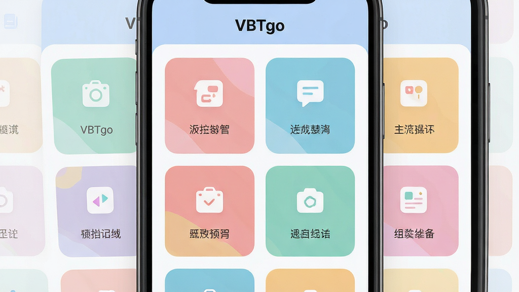 ����ΪVBTgo�����湦��ģ�����񲼾֣������ɫ���ܿ�Ƭ�������У�ÿ�ſ�Ƭ��ͼ���������֣�����Ϊ�ֻ���Ļ������д���Ű��϶����С�VBTgo�������������Ϊ���±�ƽ��UI�磬��ɫ��Ͷ�ʵ������ң�ϸ���Ͽ�ƬԲ��ͳһ��ͼ��������ࣻ���ʸ��壬�ɾ����޶���Ԫ��