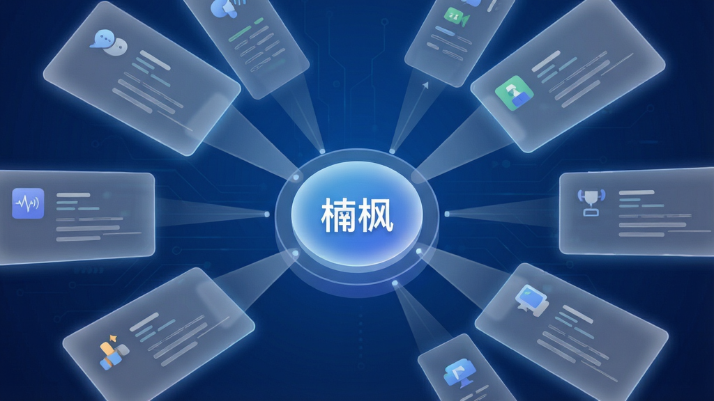 画面主体为多个半透明的信息卡片从四面八方汇聚到一个中央圆形枢纽中,枢纽上方标注“楠枫”字样,卡片上带有简洁的图标与文字线条示意不同来源,背景为深蓝色渐变科技感底色,布局呈放射状汇聚构图,风格为扁平化信息图表风,细节上卡片边缘有柔和光晕,画质清晰,画面干净,无多余元素