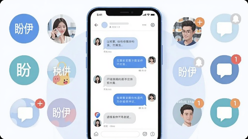 画面中央放置一部智能手机,屏幕显示社交聊天界面,聊天气泡与好友头像错落排布,周围环绕圆形兴趣标签与消息通知图标,整体采用蓝白清新配色,扁平化插画风格,细节干净利落,构图居中对称,画质清晰,画面中带有“盼伊”字样,无多余装饰元素