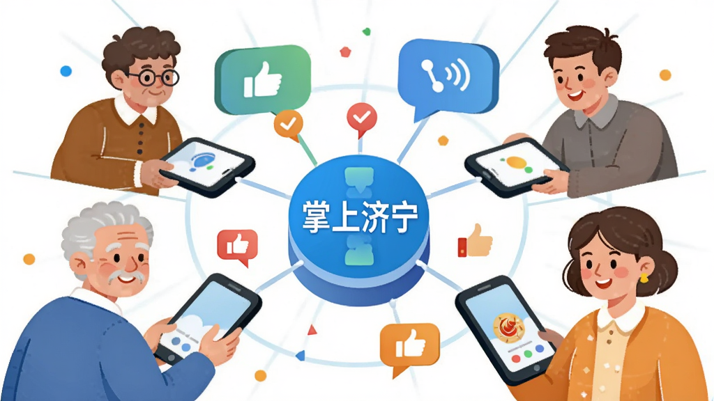 插画风格画面,几位不同年龄的市民通过手机屏幕连接到一个中心信息枢纽,枢纽上标注“掌上济宁”,周围环绕对话气泡与点赞图标,布局呈放射状,排版活泼,风格为扁平插画风,细节上人物表情友善、色彩明快、线条简洁,画质干净清晰、无多余元素