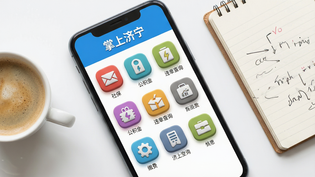 手机屏幕特写,显示“掌上济宁”便民服务页面,网格状排列社保、公积金、违章查询、缴费等彩色图标,手机旁放置一杯咖啡与记事本,布局为俯视平铺构图,排版整齐有序,风格为清新生活风,细节上图标立体感强、光影柔和、背景干净,画质高清、无多余元素