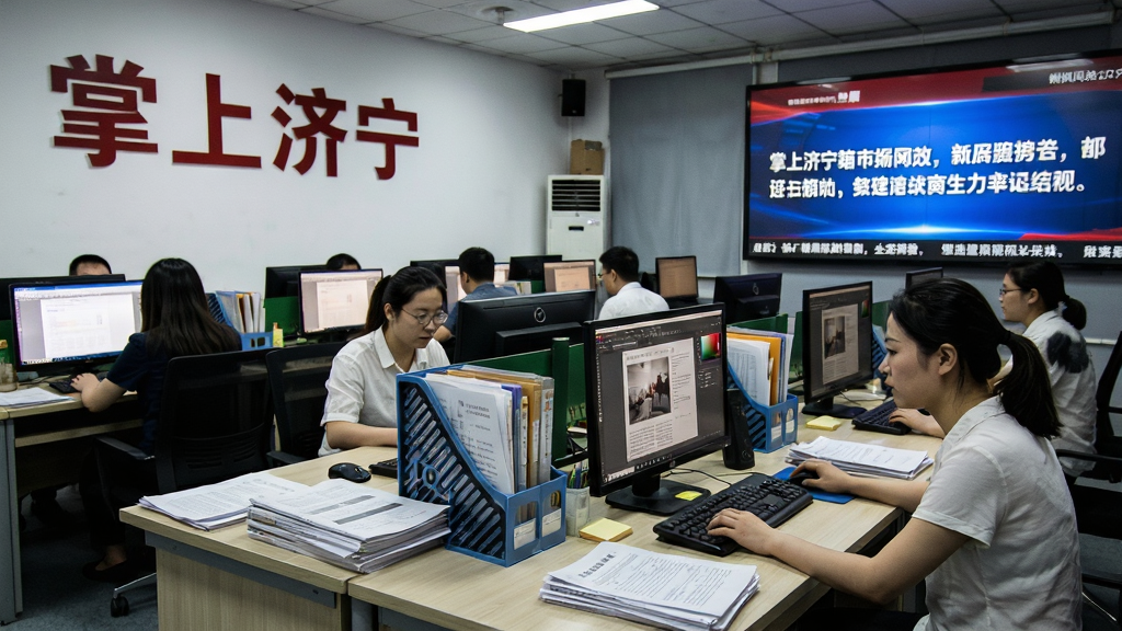 画面主体为新闻编辑室场景,多位编辑在电脑前审稿排版,背景墙面显示“掌上济宁”字样与新闻标题滚动屏,布局采用三分法构图,排版层次分明,风格为写实新闻纪实风,细节上屏幕光效自然、人物动作生动、桌面稿件错落有致,画质清晰干净、无多余元素