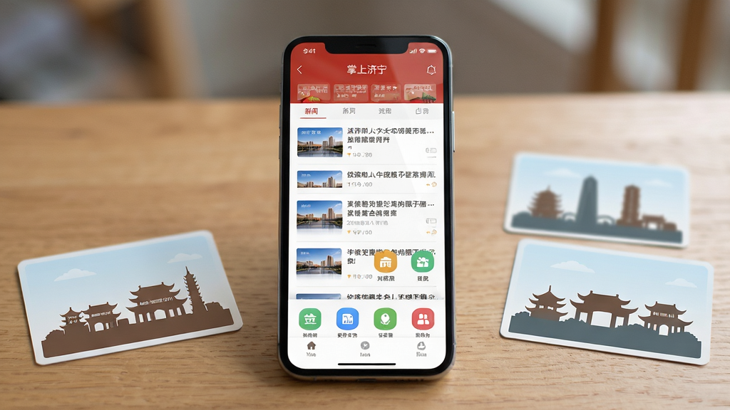画面主体是一部智能手机,屏幕上展示“掌上济宁”客户端首页界面,包含新闻列表与便民服务图标,手机放置在木质桌面上,旁边点缀济宁城市地标剪影卡片,布局居中对称,排版清爽,风格为现代扁平化UI展示风,细节上屏幕反光自然、图标清晰、背景虚化柔和,画质高清干净、无多余元素
