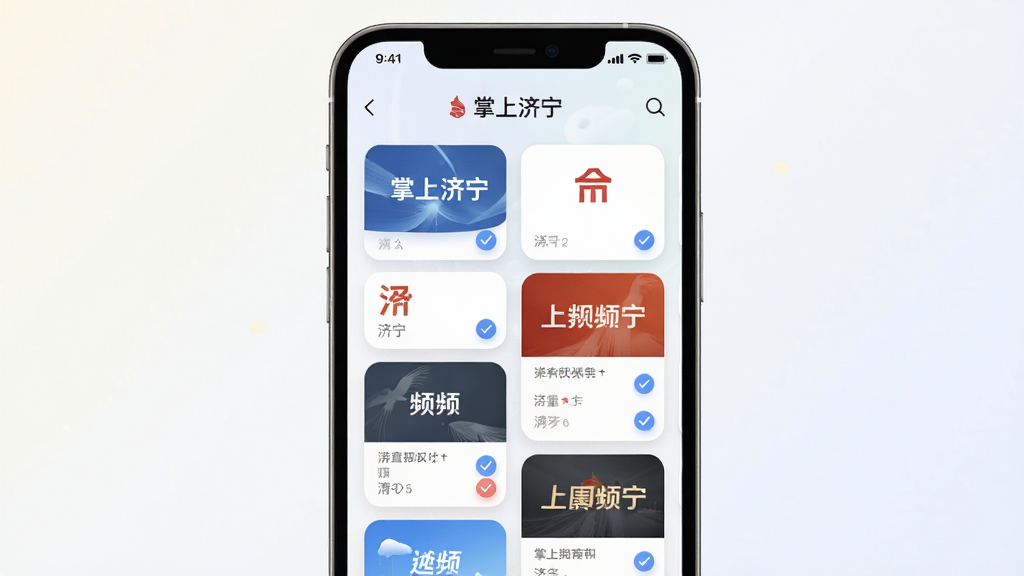 手机界面展示“掌上济宁”频道订阅页面,多个频道卡片以瀑布流排列,部分卡片带勾选状态,背景为浅色渐变,布局居中展示,排版错落有致,风格为现代卡片式UI风,细节上卡片圆角柔和、阴影自然、图标精致,画质高清干净、无多余元素
