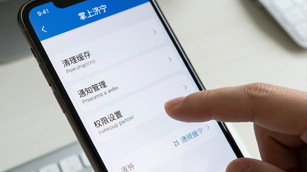 手机屏幕显示“掌上济宁”设置页面,包含清理缓存、通知管理、权限设置等选项列表,一只手正点击屏幕,背景为简洁桌面,布局为近景特写,排版清晰,风格为实用教程风,细节上手指动作自然、界面文字可辨、光影柔和,画质干净高清、无多余元素