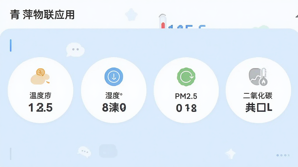 ��Ƽ����Ӧ���ڶ�ά�Ȼ������ݿ�����д�������в���չʾ�¶ȡ�ʪ�ȡ�PM2.5��������̼�ĸ�Բ�����ݿ�Ƭ��ÿ����Ƭ���ж�Ӧͼ�����ֵ������Ϊ����ɫ�����岼�����룬������ƽ���������������ɾ��޶���Ԫ��