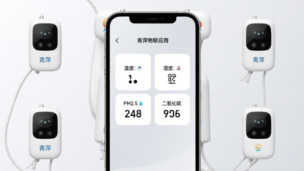 һ��չʾ��Ƽ����Ӧ����������ֻ���Ļ��ͼ�����������Ǽ��İ�ɫ��Ƭʽ������壬��ʾ�¶ȡ�ʪ�ȡ�PM2.5�Ͷ�����̼������ֵ������Ϊǳ��ɫ���䣬�ֻ���Χɢ������Ƽ��ʪ�ȴ������Ϳ�������ǵ�С�Ͳ�Ʒͼ����������ˬ�ִ��������������ɾ��޶���Ԫ��