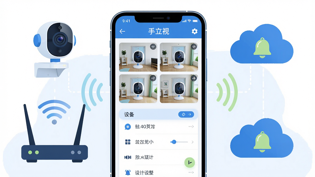 画面中央放置一部智能手机,屏幕上显示“手立视”远程监控应用界面,界面中有四个摄像头实时画面小窗与设备列表;手机周围环绕家用摄像头、路由器、云朵存储图标,布局左右对称、主次分明;风格为清爽科技感扁平插画,配色以蓝白为主点缀浅绿;细节包含信号波纹、时间轴回放条、提醒铃铛图标;画质高清、干净、无多余元素