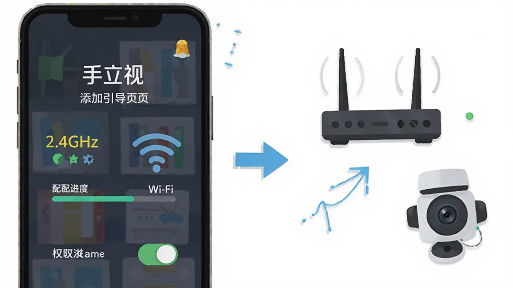 画面主体为手机屏幕显示“手立视”设备添加引导页面与Wi-Fi连接示意图,旁边放置路由器与摄像头图标;布局为左侧手机、右侧网络连接示意,中间用箭头连接;风格简洁明快的扁平插画;细节包含2.4GHz标识、配网进度条、权限开关图标;画质清晰、干净、无多余元素