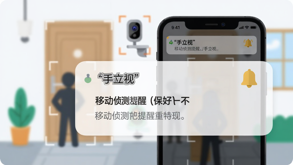 画面主体为手机弹出“手立视”移动侦测提醒通知卡片,背景为简化的家居门口场景与摄像头图标;布局为手机居中偏右、通知卡片放大展示;风格清爽扁平插画;细节包含人物剪影、侦测框线、铃铛提醒符号;画质高清、干净、无多余元素
