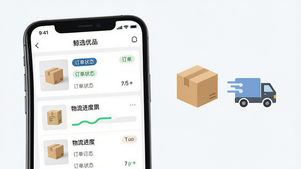 一张展示订单与物流管理功能的界面示意图,画面中一部手机屏幕显示“鲸选优品”订单列表页,包含商品缩略图、订单状态标签和物流进度条,旁边配有包裹与货车小图标,布局简洁有序,风格商务清新,细节到位,画质清晰,干净无杂乱元素