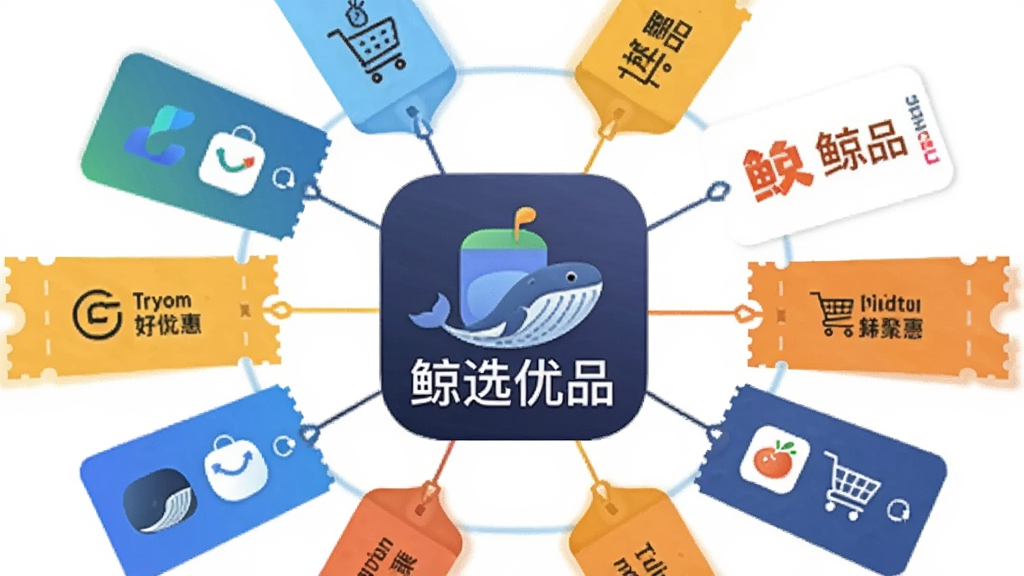 一张表现“多平台优惠聚合”概念的插画,画面中央是“鲸选优品”应用图标,周围连接着多个购物平台卡片和优惠券标签,布局呈放射状,风格扁平化,细节清晰,画质干净,无多余元素