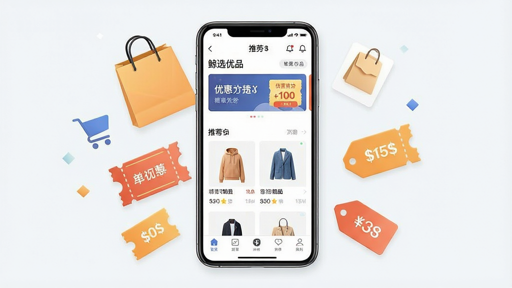 一张展示手机购物应用界面的场景图,画面中央是一部竖屏智能手机,屏幕上显示“鲸选优品”应用首页,首页包含商品推荐卡片、优惠券横幅和底部导航栏,手机周围环绕着购物袋、优惠券图标和价格标签等元素,整体布局为居中构图,风格清爽现代,细节丰富,画质清晰,干净无多余元素