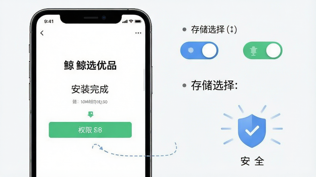 一张展示手机应用安装与设置流程的示意图,画面中一部手机屏幕显示“鲸选优品”安装完成界面,旁边配有权限开关、存储选择和安全盾牌图标,布局清晰,风格简洁实用,细节丰富,画质干净,无多余元素