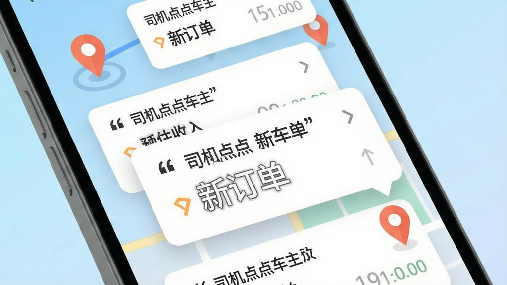 手机屏幕特写,画面中弹出多个订单卡片,卡片上标注起点终点和预估收入,周围有定位图标和地图线条,背景为浅蓝色渐变,扁平化设计风格,画面干净整洁,文字使用引号标注“司机点点车主”“新订单”,画质清晰无杂乱元素