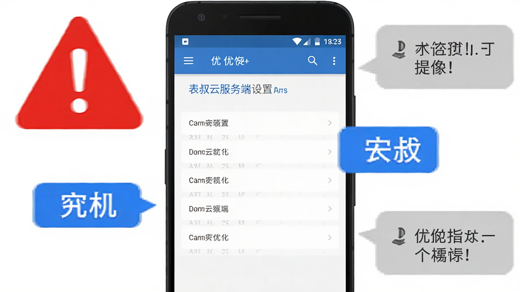 主体为安卓手机屏幕显示表叔云服务端设置界面,布局为手机居中、周围环绕警示图标与优化提示气泡,排版采用图文结合方式,风格为教程指引插画,细节包括红色警示三角、蓝色优化标签、灰色提示框,画质高清、画面干净、无多余元素