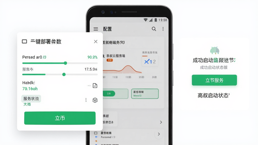 主体为安卓手机界面展示表叔云服务端一键部署流程,布局为手机屏幕特写居中、左侧浮现配置参数面板、右侧展示成功启动状态,排版简洁清晰,风格为现代UI界面展示图,细节包括绿色启动按钮、进度条、服务状态标签,画质高清、画面干净、无多余元素