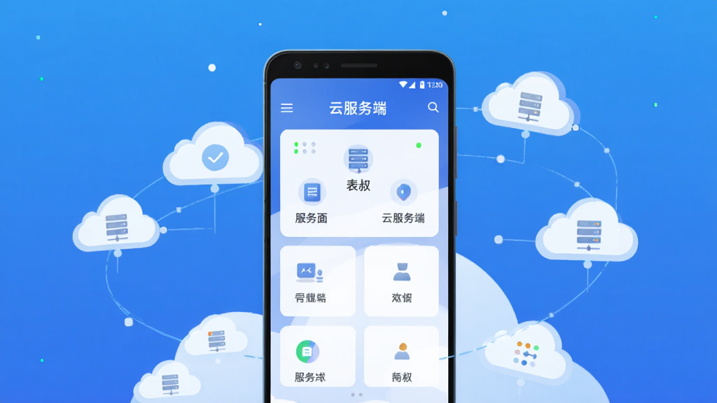 主体为一部安卓手机屏幕显示表叔云服务端主界面,布局为手机居中、周围环绕云朵与数据节点图标,排版采用上下分层结构,风格为科技扁平化插画,细节包括蓝色渐变背景、白色卡片式功能入口、服务器状态指示灯,画质高清、画面干净、无多余元素