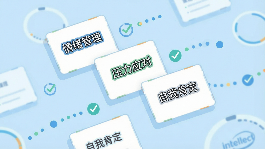 一张表现Intellect成为更好的自己每日课程模块的插图,画面主体为悬浮在浅蓝色背景中的多张课程卡片,卡片上带有「情绪管理」「压力应对」「自我肯定」等文字标签,卡片呈阶梯状排列形成成长路径,周围点缀细小的进度圆点与对勾图标,风格扁平化、清爽明亮,排版错落有致,细节清晰,画质高清、干净、无多余元素