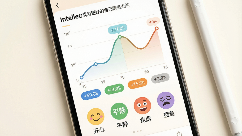 一张展示Intellect成为更好的自己情绪追踪功能的画面,主体为手机屏幕上的情绪曲线折线图与彩色心情标签,图表下方排列着「开心」「平静」「焦虑」「疲惫」四个圆形表情图标,背景为柔和的米白色,画面右侧有一支简约的触控笔,整体风格温和治愈、排版整洁,细节包含曲线上的数据节点,画质高清、干净、无多余元素