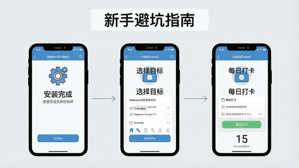 一张展示Intellect成为更好的自己新手使用流程的示意图,画面主体为三部并排的手机屏幕,从左到右依次显示「安装完成」「选择目标」「每日打卡」三个界面,屏幕之间用细箭头连接,背景为浅灰色,画面顶部有「新手避坑指南」字样的简约标题条,风格扁平化信息图、排版整齐,细节包含箭头与图标,画质高清、干净、无多余元素