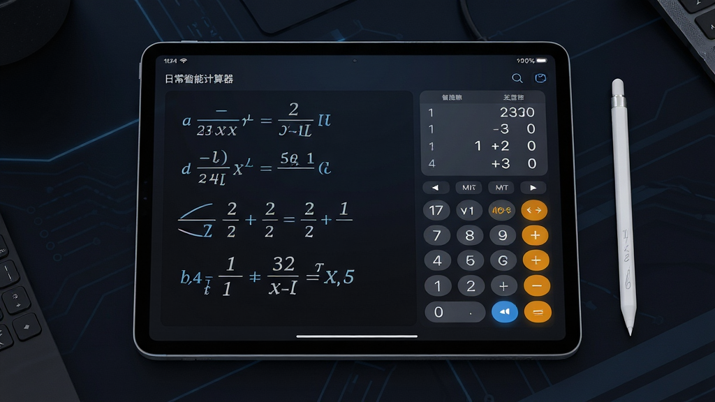 主体是一台平板电脑横屏展示计算器科学模式界面,屏幕上呈现三角函数公式与计算结果,旁边配有手写笔;布局为平板居中,背景为深色渐变科技感桌面;排版突出屏幕内公式与数字的清晰度;风格为科技感产品展示;细节包括屏幕内文字为“日常智能计算器”界面元素、按键发光效果自然;画质高清、画面干净、无杂乱元素