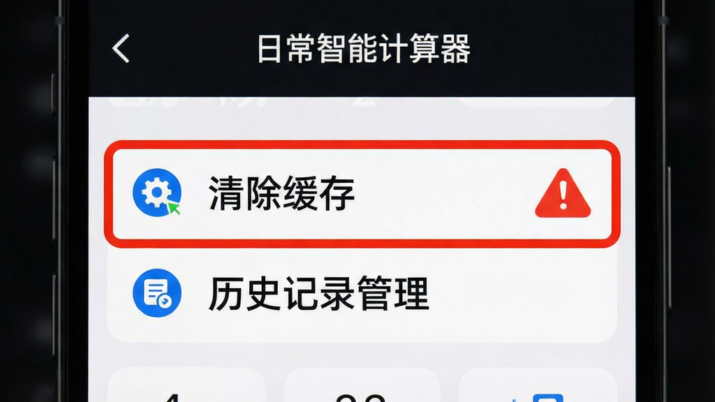 主体是一部手机屏幕特写,显示“日常智能计算器”的设置页面,页面中高亮标注“清除缓存”与“历史记录管理”两个选项,旁边有一个红色警示图标;布局为手机居中,背景为深色护眼模式界面;排版突出设置项与警示标识;风格为教程图解风格;细节包括文字清晰、图标醒目、界面干净;画质高清、无多余装饰元素