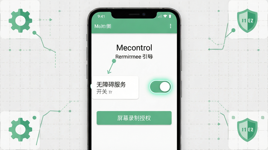 主体为一部安卓手机屏幕显示Mecontrol权限设置引导页面,画面中突出显示无障碍服务开关与屏幕录制授权按钮;布局为手机正面平铺展示,周围环绕齿轮与盾牌小图标;排版上手机占据画面主体,图标点缀于四角;风格为清新扁平化信息图风格,浅绿与白色为主;细节上开关按钮有高亮描边,背景为浅灰网格纹理;画质清晰干净,无杂乱元素