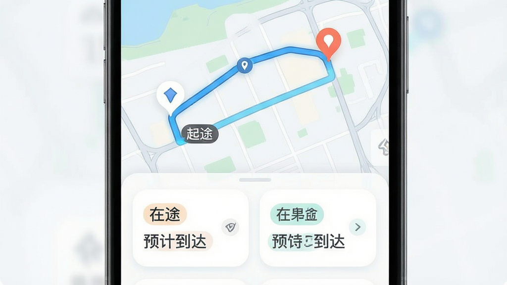 ����Ϊ�ֻ�����չʾ��ͼ�켣����;״̬��壬��ͼ�������յ���������·���������ʾ����;����Ԥ�Ƶ�������֣�����Ϊ��ͼռ��Ļ�ϰ벿�֡�״̬��Ƭλ���°벿�֣��Ű��������Ƭ����Բ����ƣ����Ϊ��ˬǳɫϵ��ͼ�磻ϸ�ڰ���·����������λͼ�ꡢ״̬��ǩ��ɫ��ͣ������������ɾ��޶���װ��