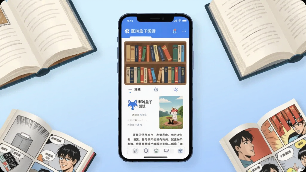 画面中央放置一部智能手机,手机屏幕显示蓝狐盒子阅读界面,界面中有书架排列和正在阅读的小说页面,手机周围环绕着几本翻开的书籍和漫画册,背景为柔和的浅蓝渐变色调,整体布局居中对称,风格为扁平化数字插画,细节包括书页纹理和界面图标清晰可见,画质高清干净,无多余元素
