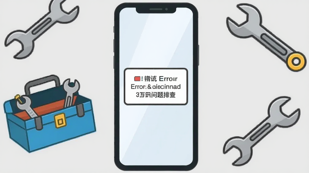 画面展示一部手机屏幕出现错误提示弹窗,旁边有卡通工具箱和扳手图标,背景为浅灰色,布局为手机居中、工具散落四周,风格为扁平化问题排查插画,细节包括弹窗文字轮廓和工具金属质感,画质清晰干净,无多余元素