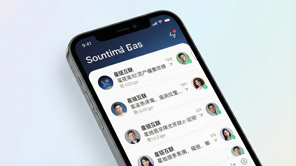 一张展示智能手机屏幕的图片,屏幕上显示着名为“星链互联”的聊天应用界面,界面包含消息列表和联系人头像,背景为简洁的浅色渐变,风格现代科技感,画面干净清晰,画质细腻,无多余元素
