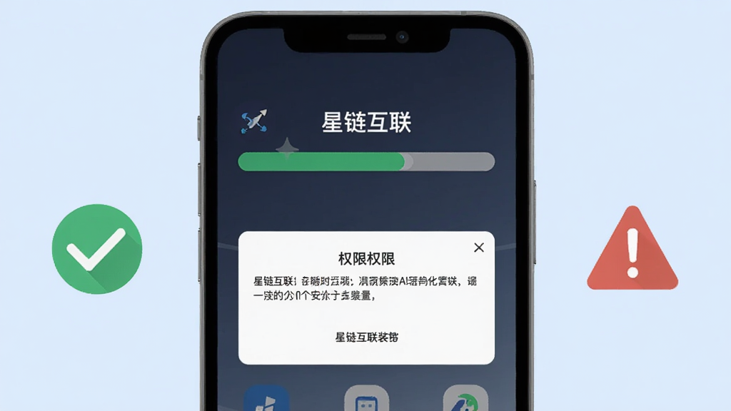 一张展示手机应用安装界面的图片,屏幕上显示“星链互联”安装进度条和权限请求弹窗,旁边有对勾和警告图标,背景为浅蓝色,风格扁平化说明图,布局清晰,画质干净,无多余元素