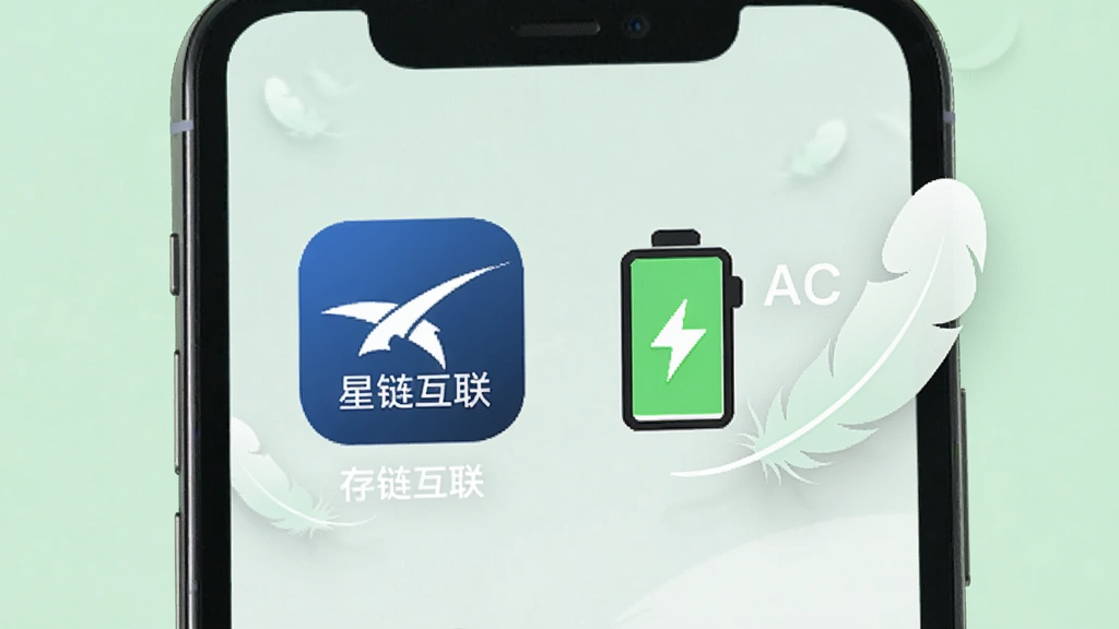 一张展示手机存储空间和电池图标的图片,手机屏幕上显示“星链互联”应用图标,旁边有轻盈的羽毛和电量符号,背景为浅绿色调,风格清新简约,布局直观,画质清晰,无杂乱元素