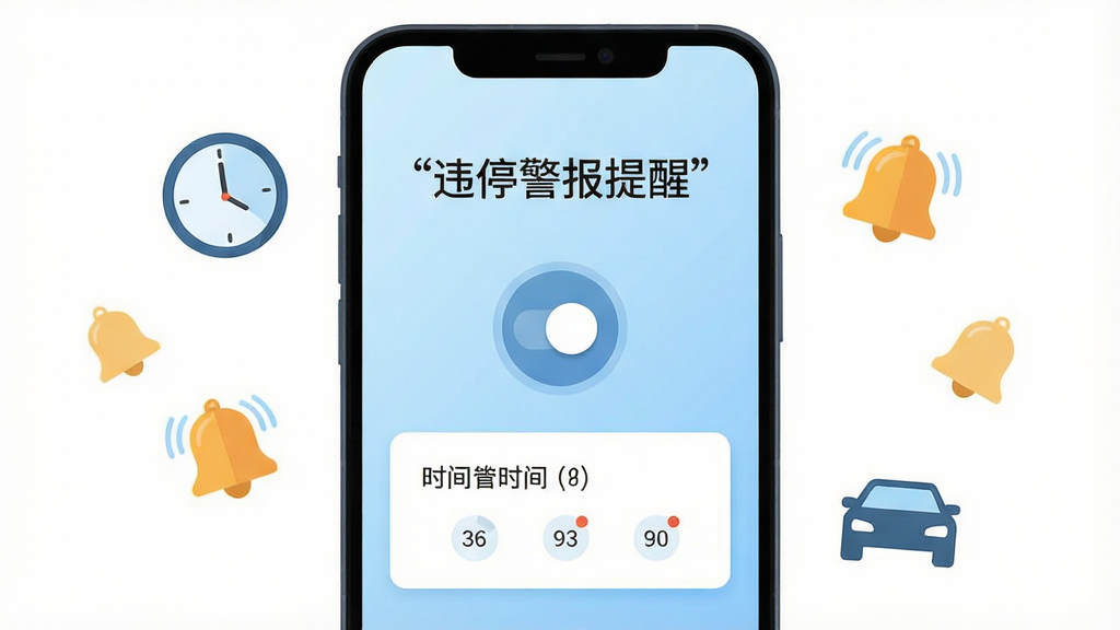 画面中央展示一部竖屏安卓手机,手机屏幕内呈现简洁的提醒类应用主界面,界面顶部用引号标注文字“违停警报提醒”,屏幕中部是圆形的提醒开关按钮与时间设置卡片,背景为浅蓝色渐变,手机周围漂浮着时钟图标、铃铛图标与汽车轮廓图标,整体采用扁平化插画风格,构图居中对称,细节干净利落,画质清晰,背景纯净无多余元素