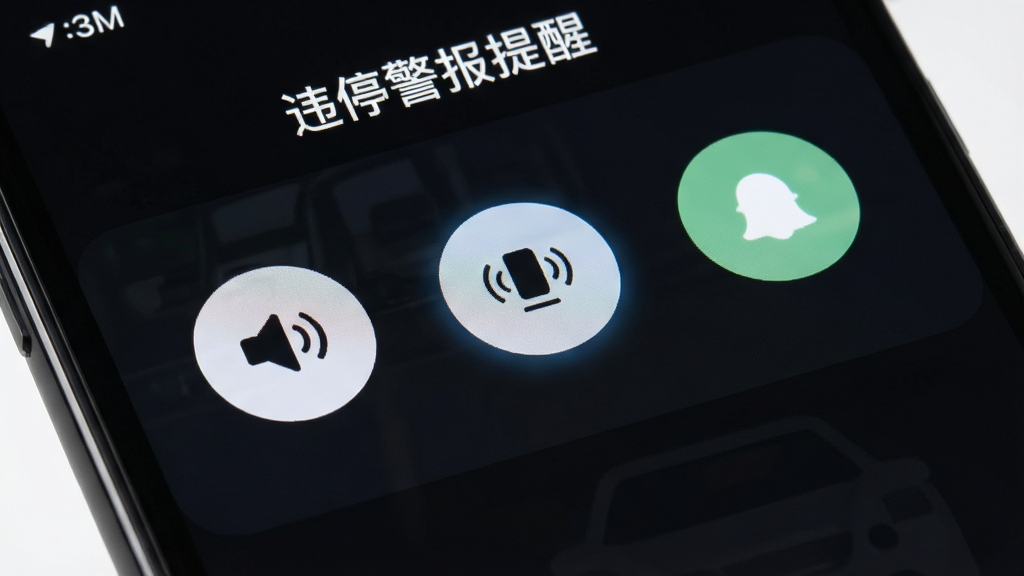 手机屏幕特写,显示“违停警报提醒”软件内的提醒方式选择界面,界面上排列着声音、震动、通知三个圆形图标按钮,其中震动按钮处于高亮开启状态,背景为深色模式界面,采用UI界面展示风格,构图聚焦屏幕中央,细节清晰,画质锐利,画面干净整洁