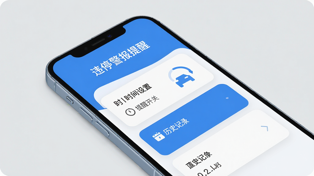 一部手机斜放在浅灰色背景上,屏幕显示“违停警报提醒”应用的主界面,界面由多个圆角卡片组成,卡片上分别标注时间设置、提醒开关、历史记录等文字,整体配色为蓝白相间,采用扁平化设计风格,构图简洁明快,画质清晰,背景干净无多余装饰