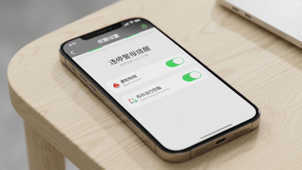 一部手机屏幕显示“违停警报提醒”应用的权限设置引导页面,页面中有通知权限与后台运行权限两个开关项,旁边配有一个绿色对勾图标,手机放置在浅色桌面上,采用写实风格,构图聚焦屏幕内容,细节清晰,画质干净,背景简洁无杂物