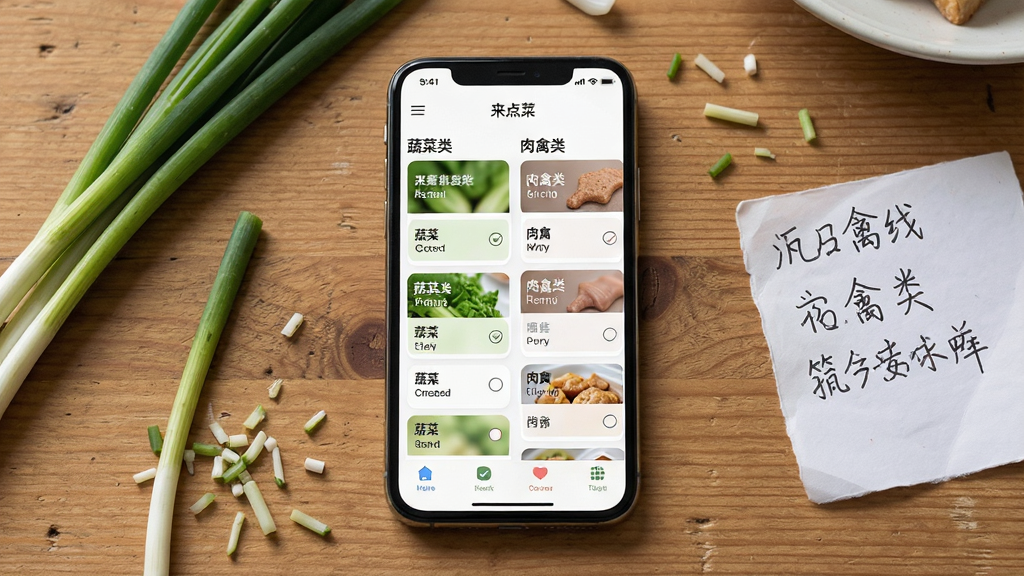 一张来点菜软件采购清单功能展示图,画面中手机屏幕显示分类整齐的食材清单,左侧为蔬菜类卡片,右侧为肉禽类卡片,每项前有勾选圆圈,手机放置在木质餐桌上,旁边散落几根葱和一张手写便签,风格生活化写实,布局左右均衡,画质干净清晰,无杂乱元素