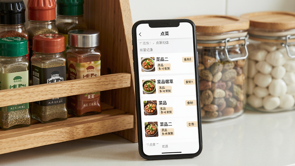 一张来点菜软件历史记录界面展示图,手机屏幕显示按日期排列的点菜记录列表,每条记录带有菜品名称与食材数量小标签,手机放在厨房置物架旁,背景有调料瓶和收纳罐,风格居家写实,布局纵向排列清晰,画质明亮干净,无多余杂物