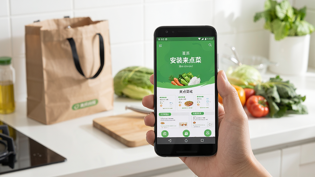 一张来点菜软件安装与使用场景示意图,画面中一只手拿着安卓手机,屏幕上显示安装完成后的来点菜首页,背景为明亮的厨房操作台,台面上有购物袋和新鲜蔬菜,风格写实生活化,构图以手机和手部为视觉中心,画质清晰干净,光线自然,无多余装饰