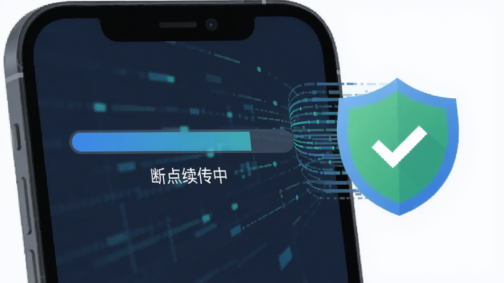 手机屏幕显示传输进度条和“断点续传中”字样,旁边有文件完整性校验的盾牌图标,背景有数据流动的抽象线条,整体风格科技感十足,扁平化设计,画质干净,无多余元素