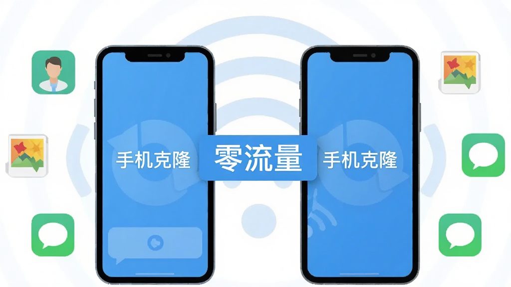 两部手机之间建立无线直连的示意图,手机屏幕显示“手机克隆”字样,周围环绕着联系人、相册、短信等数据图标,背景有淡淡的Wi-Fi信号波纹,画面中央有“零流量”字样的标签,整体风格清新明亮,扁平化设计,画质干净,无多余元素