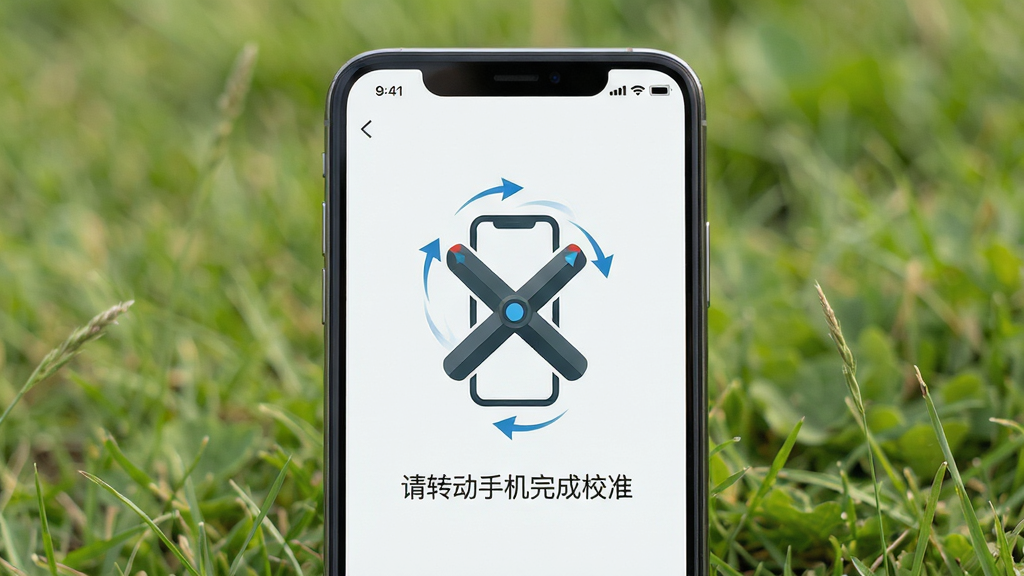 画面主体为一部手机屏幕特写,显示罗盘高度指南针软件的传感器校准引导页面,画面中央有手机以八字形转动的示意图标,下方配有