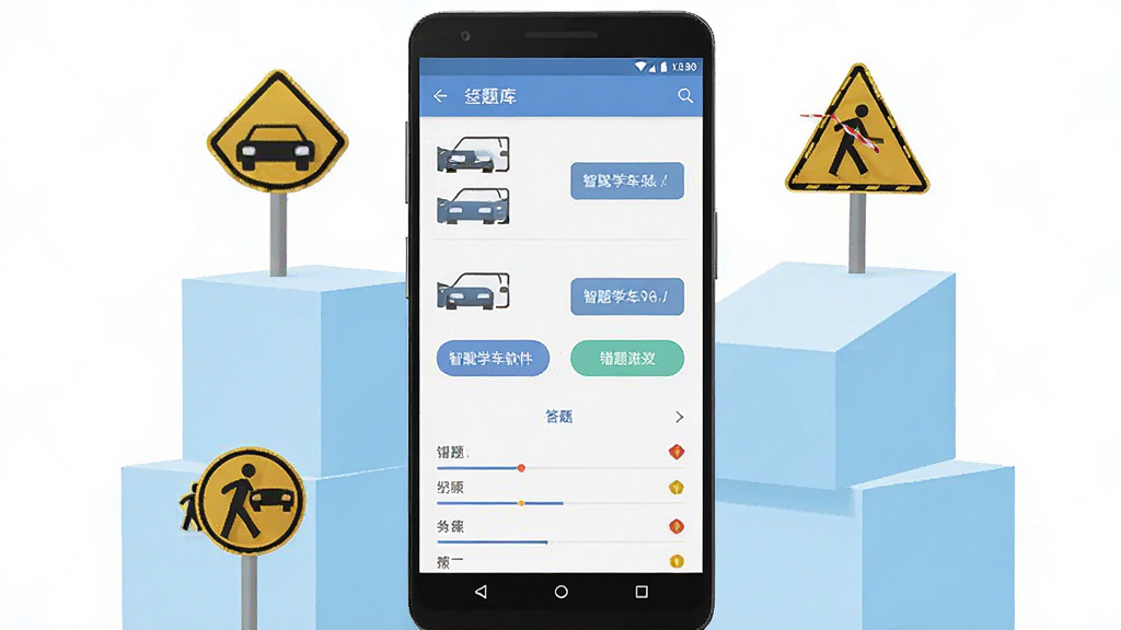 智驾学车软件界面展示,手机屏幕中呈现题库分类列表与答题页面,主体为一部竖屏安卓手机居中放置,周围以浅蓝色几何色块和交通标志图标点缀,布局简洁清晰,风格为扁平化UI设计,细节包含题目选项按钮、进度条与错题标记,画质清晰干净,无多余元素